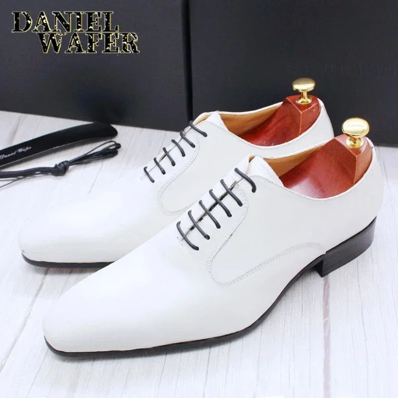 Luxury Brand Men's Oxford Shoes White Black Brown - Dress Office Wedding Formal Lace-Up Pointed Toe Leather Shoes