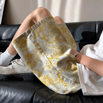 Yellow Tie-Dye All-Over Jacquard Denim Shorts for Men - Summer Thin Style, American Retro Loose Straight Camo Five-Point Pants