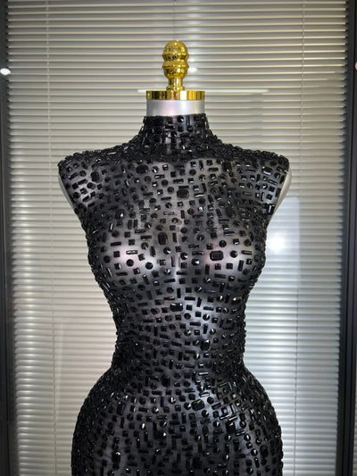 Women Sexy Mesh Crystal Diamonds Black Maxi Dress See Through Party Singer Stage Performance Costume