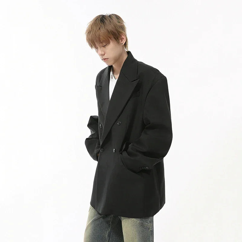 IEFB Korean Style Men's Blazers Double Breasted Shoulder Padded Tops Turn-down Collar Solid Color Loose Male Suit Jackets 9C8669
