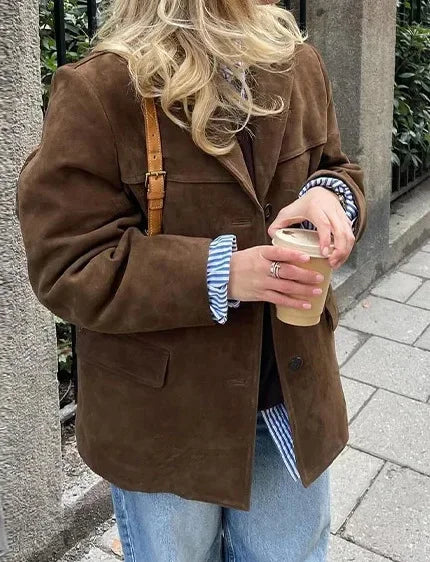 2024 Women's Autumn Coats Vintage Brown Suede Leather Women's Blazer Jacket Fashion Lapel Single Breasted Pocket Short Jacket - Elanique