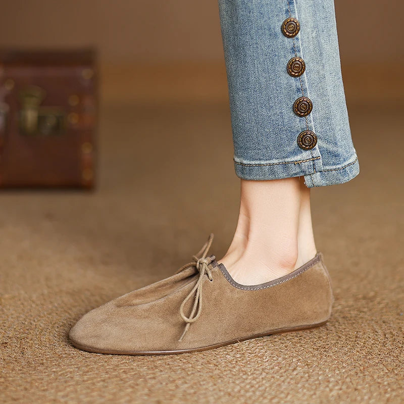 2025 New Women Suede Shoes Fashion Round Toe Lace-up Loafers Flats Ladies Loafers Female Casual Trainers Street Fashion Flats