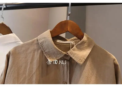 Cotton Linen Women Medium-Length White Polo Shirt