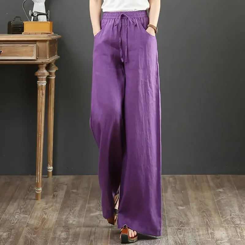Wide-leg Pants Spring Casual Women's Versatile Loose Cotton Linen High-waist Drawstring Straight Trousers