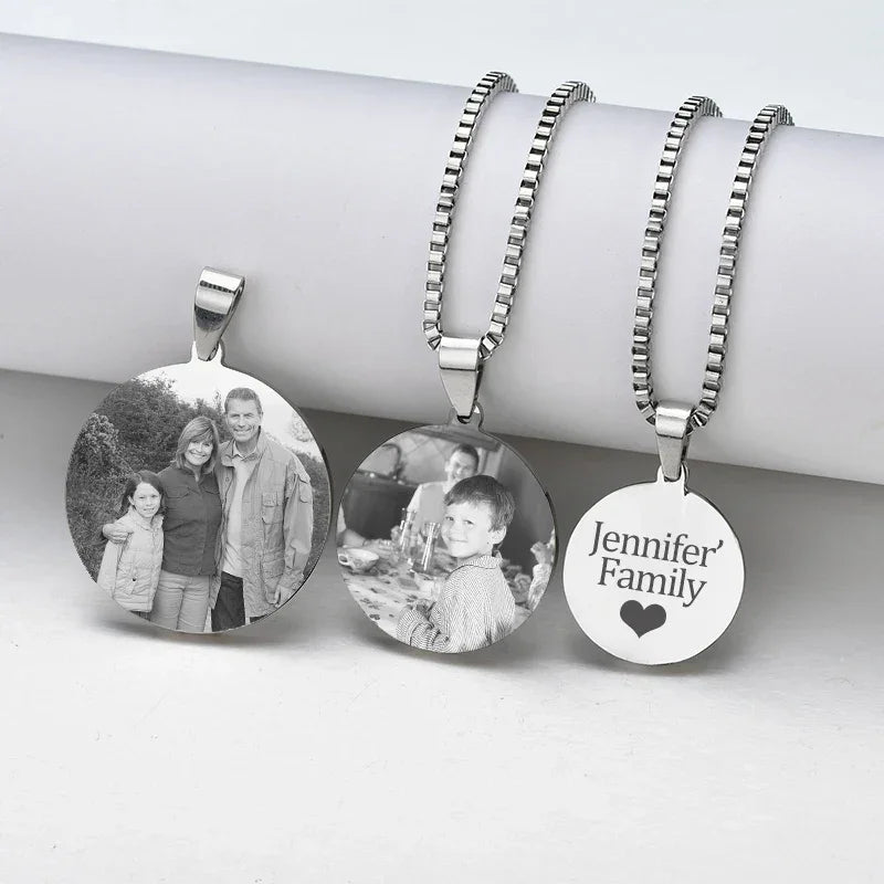 Sifisrri Engrave Picture Necklace Personalized Stainless Steel Jewelry For Women Men Customized Round Pendant Family Text Gift