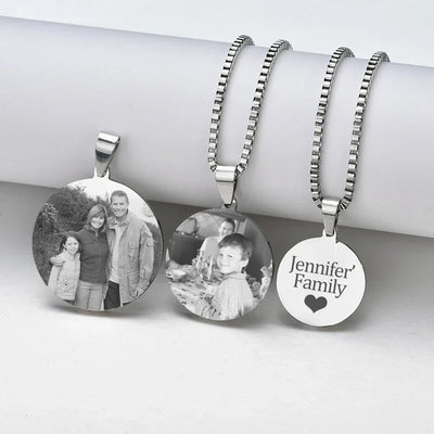 Sifisrri Engrave Picture Necklace Personalized Stainless Steel Jewelry For Women Men Customized Round Pendant Family Text Gift