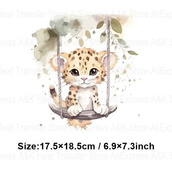 Baby Animal On Swings Heat Transfers For Kids Clothing Elephant Tigers Lion Stickers On Clothes Diy Thermal Patches Decals