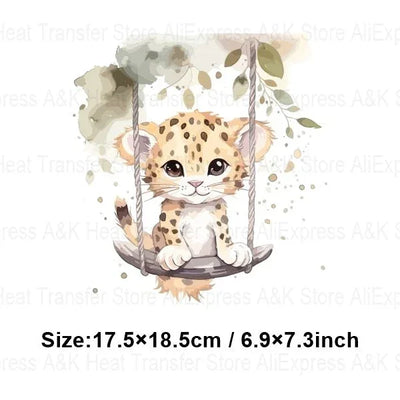 Baby Animal On Swings Heat Transfers For Kids Clothing Elephant Tigers Lion Stickers On Clothes Diy Thermal Patches Decals