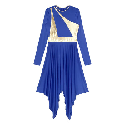 Women Church Choir Worship Liturgical Dress Modern Lyrical Dance Waltz Stage Performance Costume Long Sleeve Metallic Shiny Gown