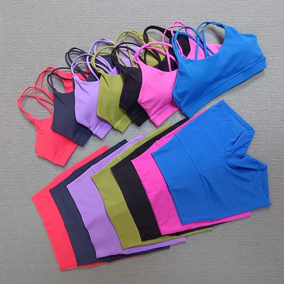 2 Pieces Yoga Set Gym Shorts Sports Set Women Workout Outfit Fitness Suit Cross Straps Bra High Waist Shorts Running Tracksuit