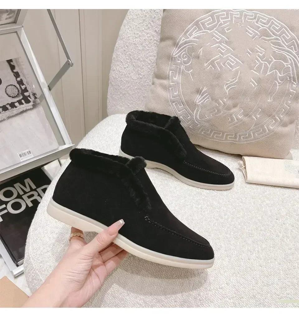 Fur ankle boots women’s cow suede loafers high quality 2025 winter flat shoes integrated warm snow