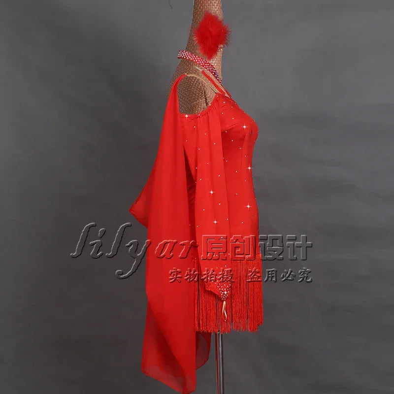 Latin Dance Performance Dress New Women's Customized Big Red Waist Fringe Dance Dress