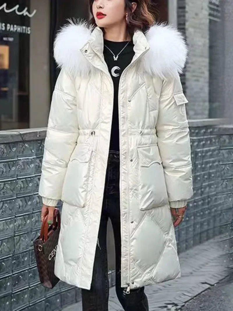 2025 Autumn Winter Hooded Fur Collar Long Parkas Mujer Thick Warm Down Cotton Padded Jacket Women Casual Hoodies Coat Female