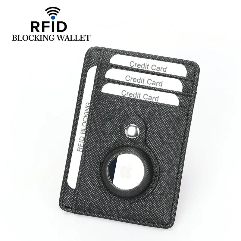 Black RFID-blocking slim wallet with AirTag holder and 3 card slots