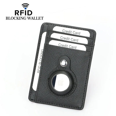 Black RFID-blocking slim wallet with AirTag holder and 3 card slots