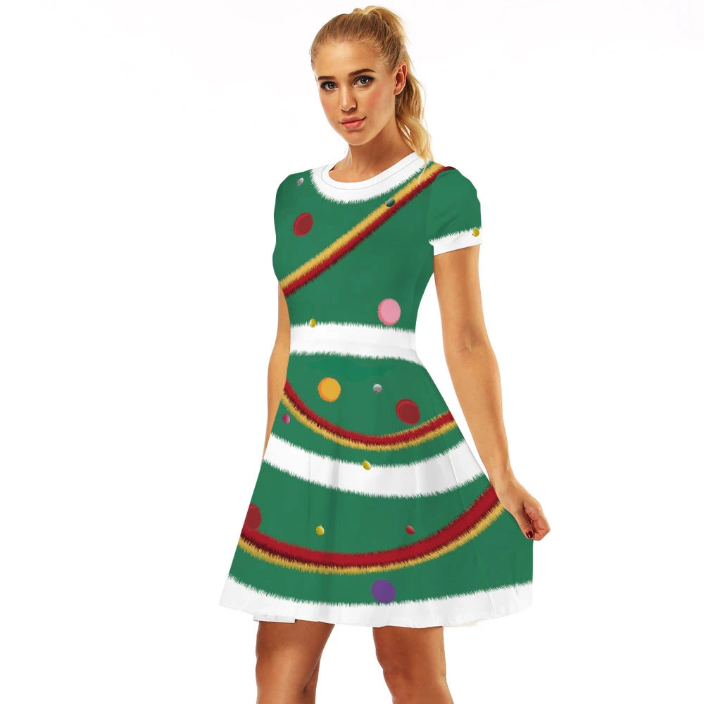 Merry Christmas Women Dress Graphics Stripe Christmas Elf Printed Dress Disguise Adult Xmas Cosplay Costume Holiday Party Wear