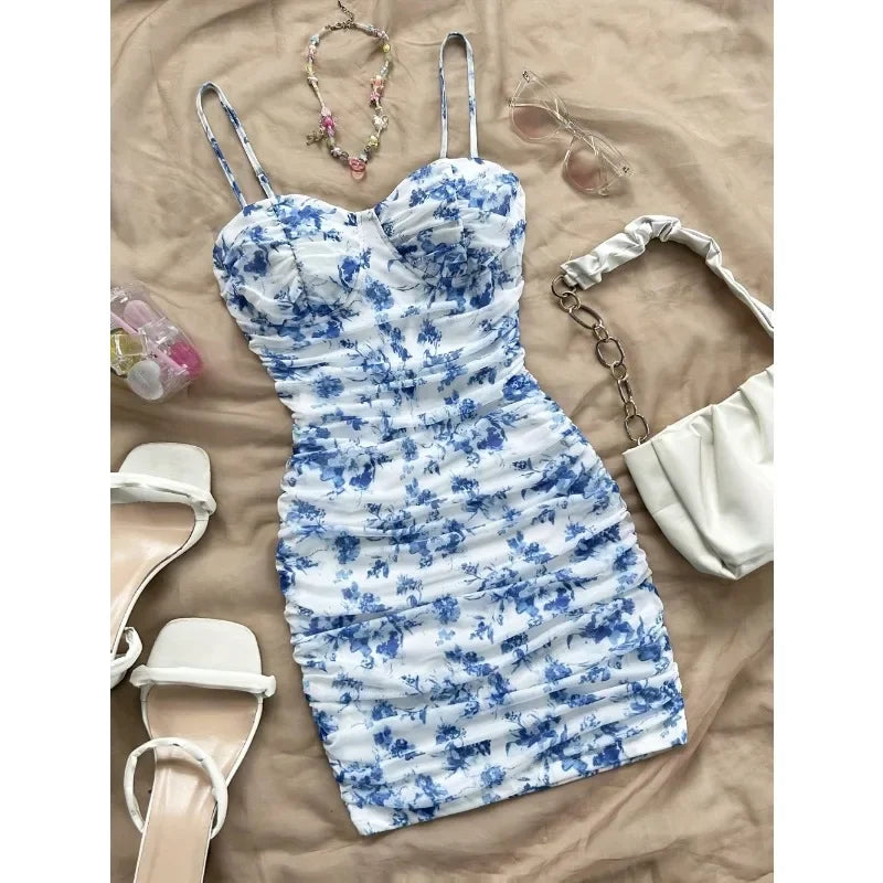 French Floral Slip Dress for Women Spring Summer Fashion Sexy Temperament Backless Mini Dresses Vacation Style Sling Beach Skirt