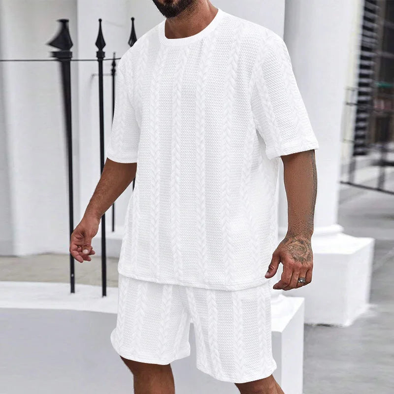 2025 Summer Casual Shorts Sets Knitted Jacquard Two Pieces Men's Tracksuit Solid O-neck Short Sleeve T-shirts+Shorts Streetwear