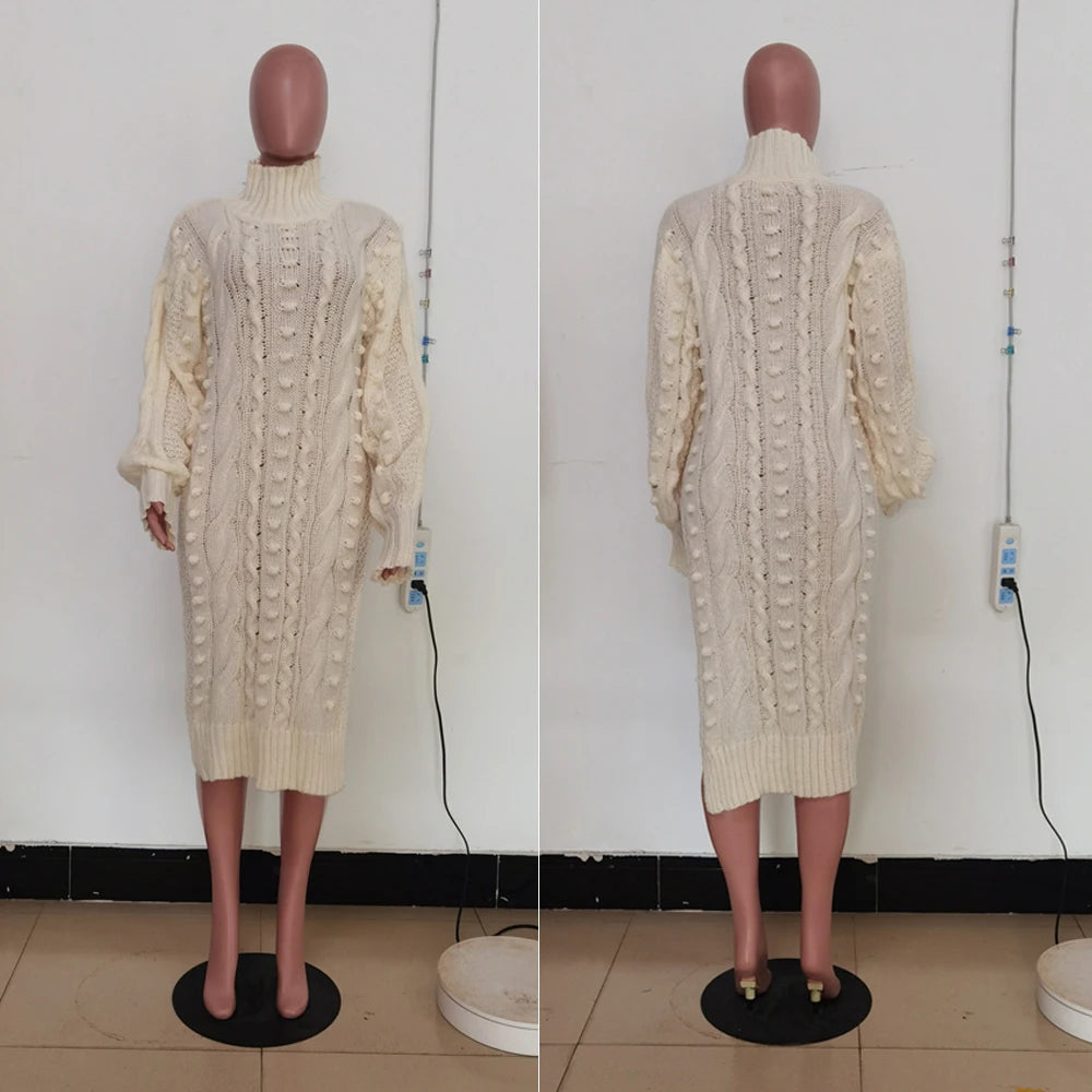 Womens Knitted Dresses High Neck Long Sleeve Sweater Dress with Split Ladies Vintage Knit Midi Dress Casual Fashion Winter
