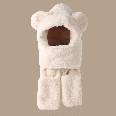 Winter Warm Plush Fleece 3-in-1 Bear Ear Hooded Cap Scarf Gloves Set Windproof Outdoor Accessories for Cold Weather