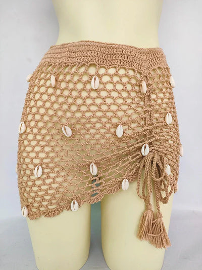 Women Beach Wear Swimsuit Cover-Ups Boho Summer See-Through Hollow Out Bandage High Waist Short Beach Skirt Crochet Knit Skirts