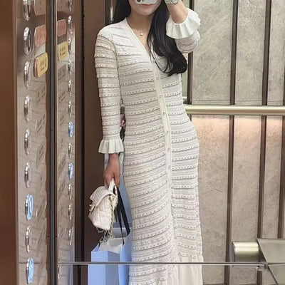 Women's long-sleeved V-neck slim-fit maxi dress with rivet design Evening dresses Elegant party Woman clothing