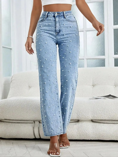 Women Straight-Leg Denim Jeans with Fashion Faux Pearl Detail Casual Style Non-Stretch Jeans Light Blue Mid-waist Denim Pants