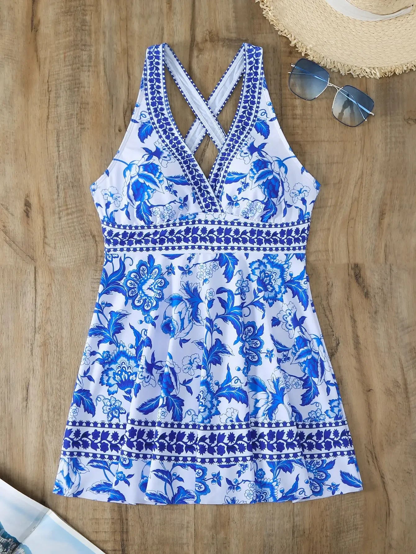 Summer Two Pieces Swimsuit 2024 Vintage Floral Print Swimwear Female Tankini Sets Deep V Beach Wear Women Swimming Bathing Suit