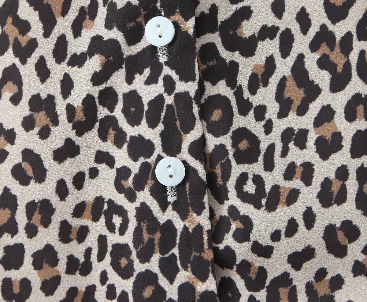 Elegant French style Women Animal Leopard Print Shirt Dress Contrast Color Tie Bow V neck Puff Sleeve Short Dresses Mini Robe