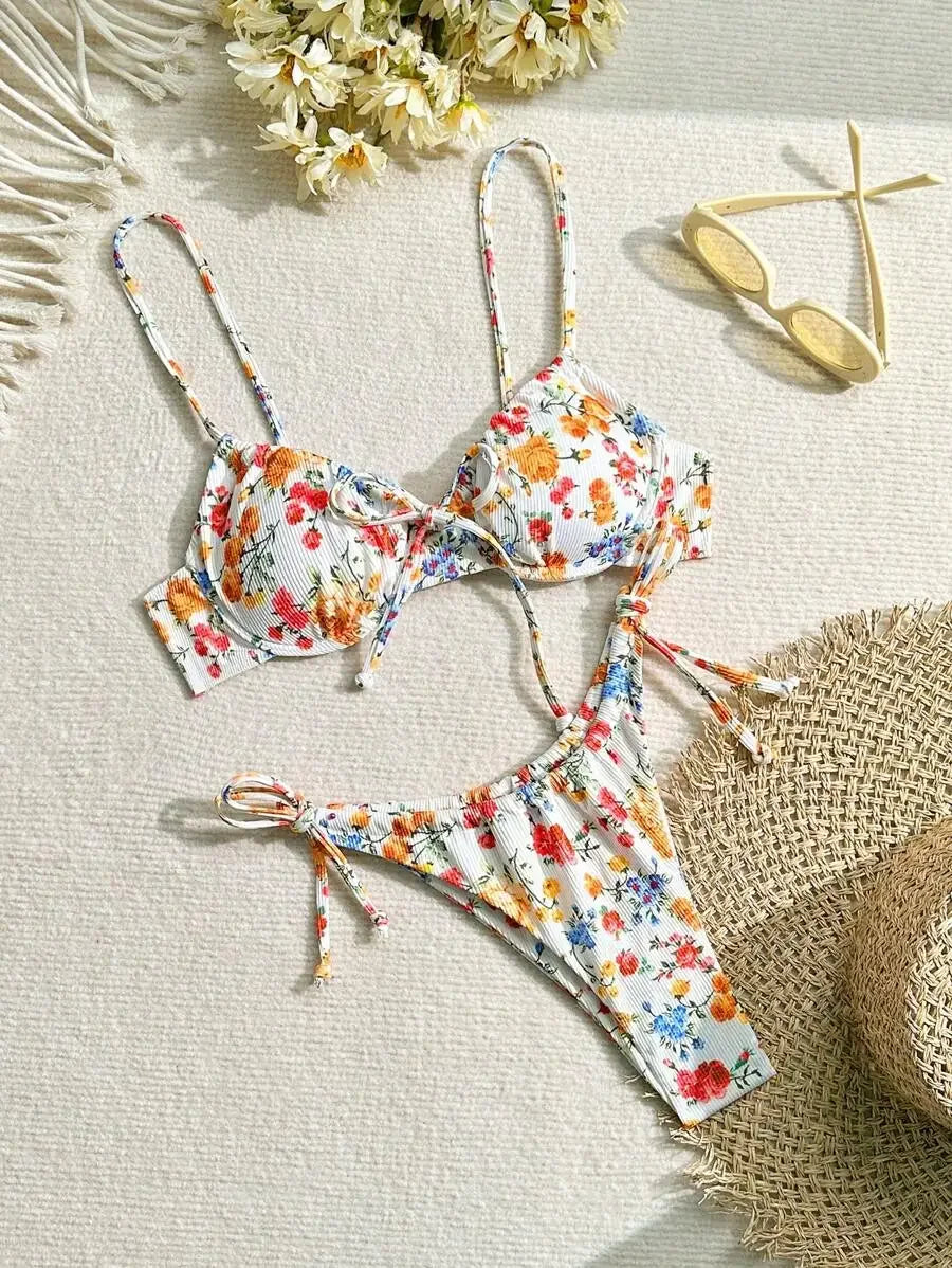 2025 Hot Sale Women's Swimsuit New Floral Bikini Sets Two-Piece Set Women's Sexy Small Chest Gathered Steel Ring Woman Swimsuits