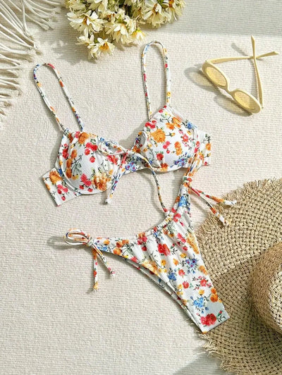 2025 Hot Sale Women's Swimsuit New Floral Bikini Sets Two-Piece Set Women's Sexy Small Chest Gathered Steel Ring Woman Swimsuits
