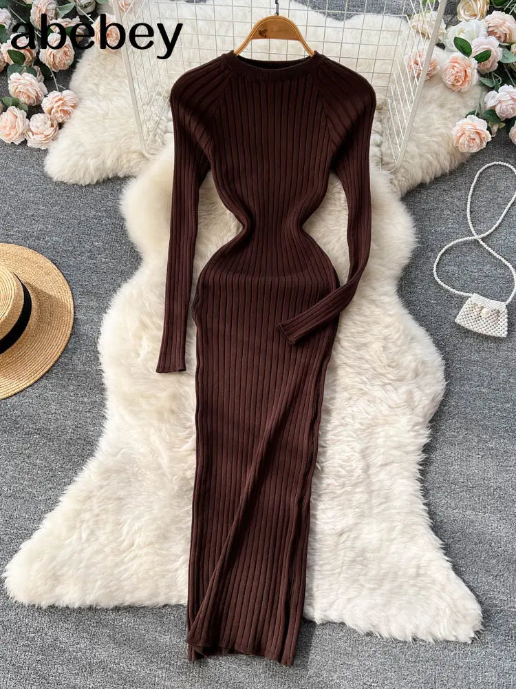 Women Autumn Knitted Dress O Neck Sexy Slim Elastic Oversized Basic Bodycon Long Dress Winter knit Warm Sweater Dresses