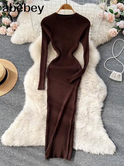 Women Autumn Knitted Dress O Neck Sexy Slim Elastic Oversized Basic Bodycon Long Dress Winter knit Warm Sweater Dresses
