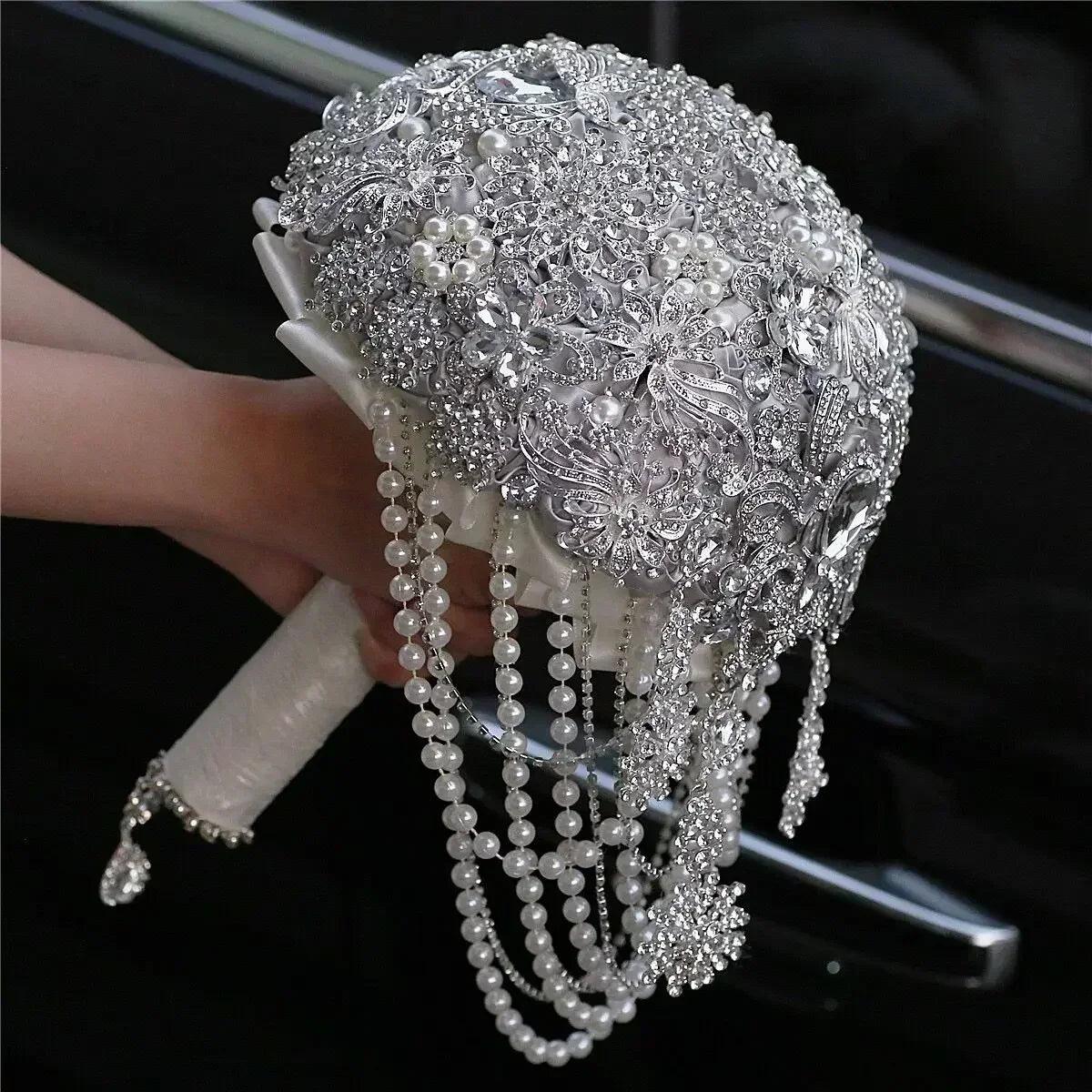 Rhinestone jewellery brooch bouquet silk wedding flowers |bridal