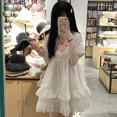 Sweet Summer Dress for Women Bow Tunic A-line Summer Robe Femme Short Sleeve Ruffles Cute Loose Dresses 2025 Vestidos De Mujer