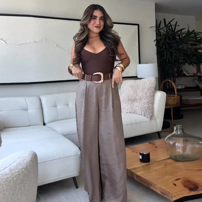 TRAF Women's Pants High Waist Wide Leg Pants with Belt Satin Long Trousers Pockets Casual Baggy Pants Summer Elegant Lady Pants