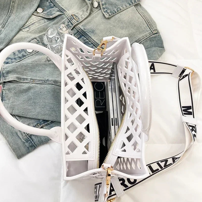 Designer Tote Bag For Women Brand Hollow Out Shoulder Bag 2025 New Travel Beach Handbag Purple Bag Fashion Shopper Purse