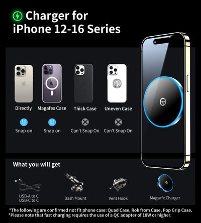 for MagSafe Car Mount Charger with Dash Vent Windshield Mounts, Strong Magnetic Phone Holder for iPhone 16, 15, 14, 13, 12 Pro M