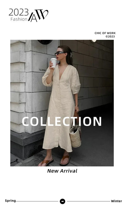 Retro Cotton Linen Women'S Summer Dress Sexy V-Neck Puff Sleeve Long Maxi Birthday Graduation Dresses Beach Sundress Robe Femmes