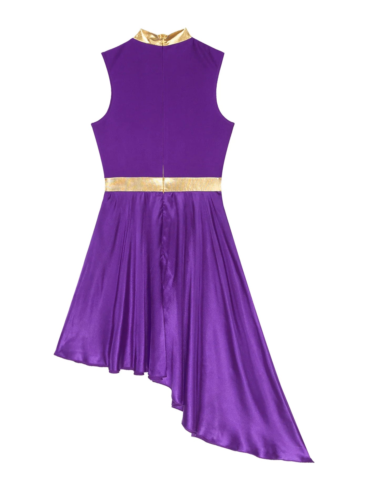 Women Lyrical Dance Dress Color Block Patchwork Invisible Zipper Back Flowy Asymmetrical Hem Sleeveless Dresses Dancewear