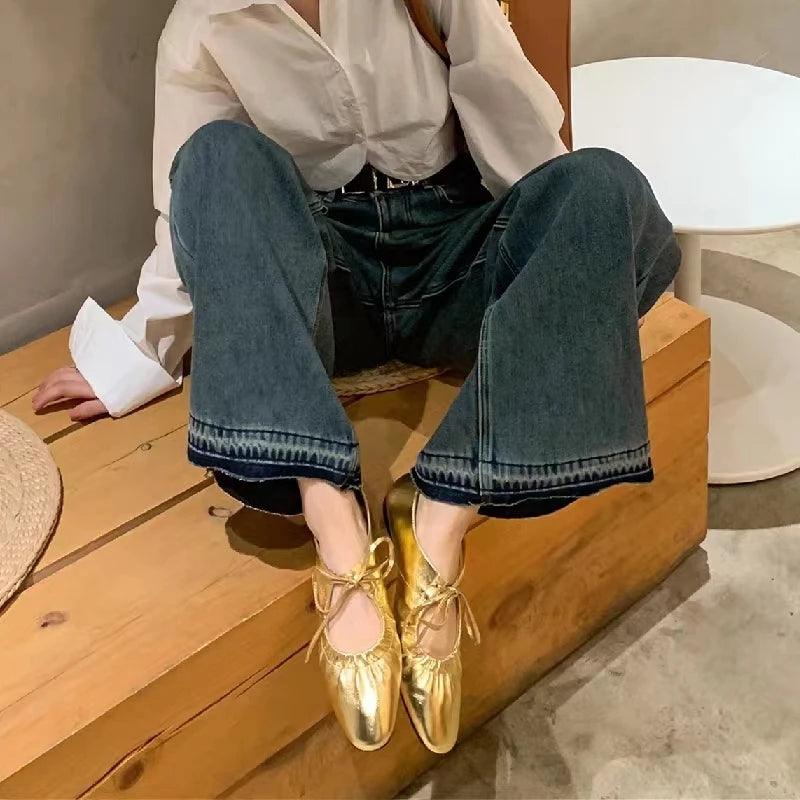 Women ballet leather narrow band flat shoes bling silver gold footwear