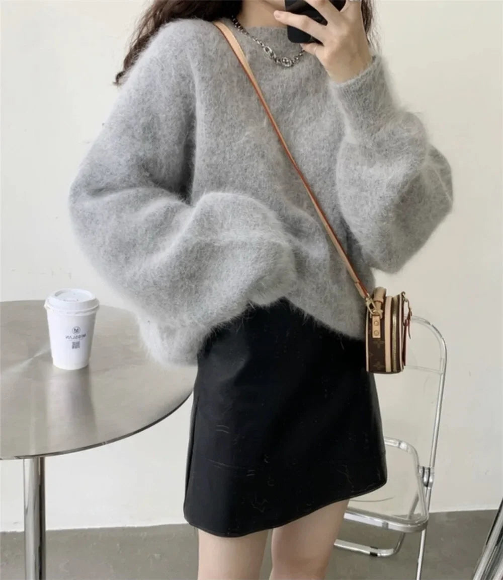 2023 New Year Sweaters For Women High Quality Autumn Winter Mohair Knitted Thick Warm Red Loose Mink Cashmere Pullovers