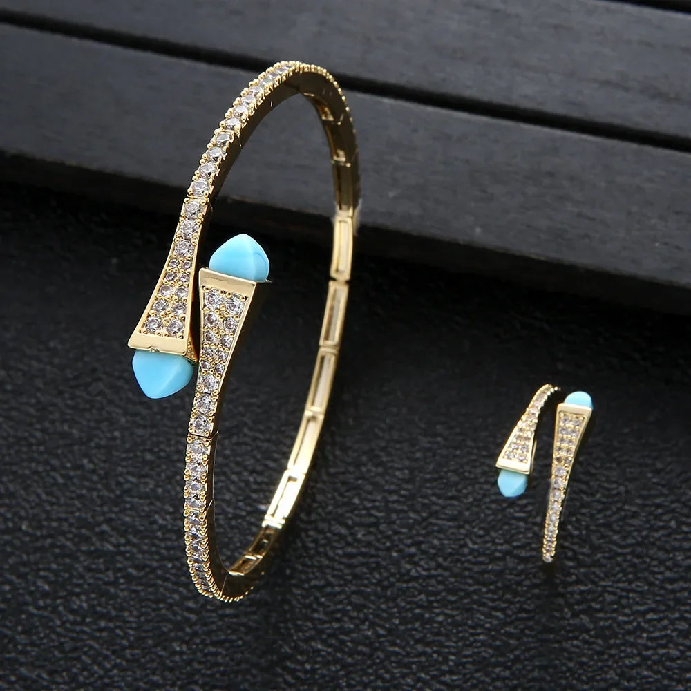 New jerseis Women's Fashion 2 Pcs Bracelet & Ring Set مجموعات المجوهرات Resin Simple Design Gold Open Cuff Bangle Jewelry Set