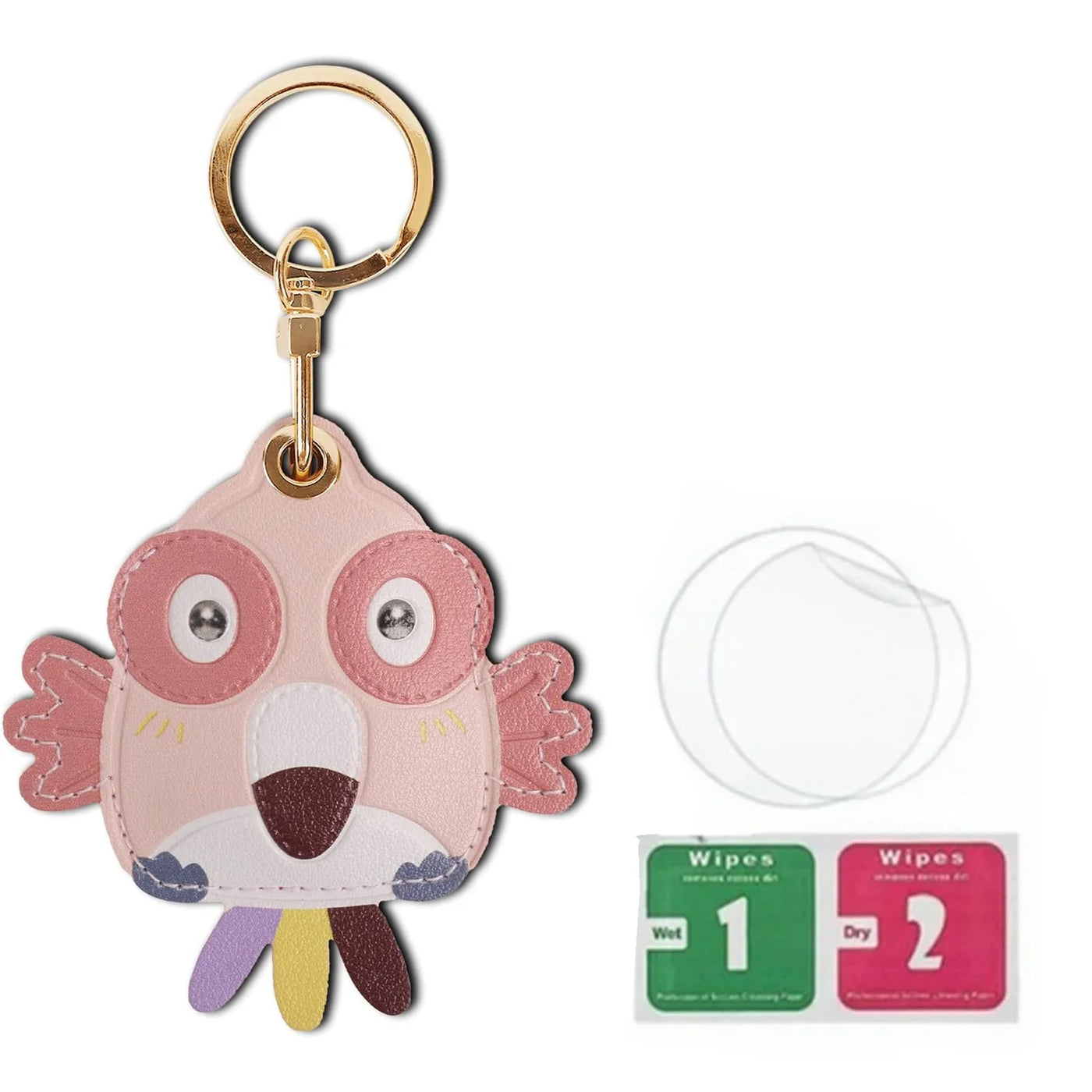 Pink owl AirTag leather keychain holder with hand straps and gold accents