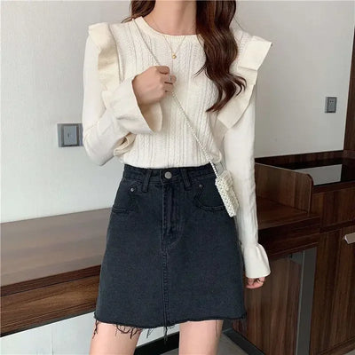 Ladies Sweaters Pullovers Round O Neck Grey Knitted Top for Women Jersey Winter 2025 Jumper Economics Long Sleeve Thermal Blouse