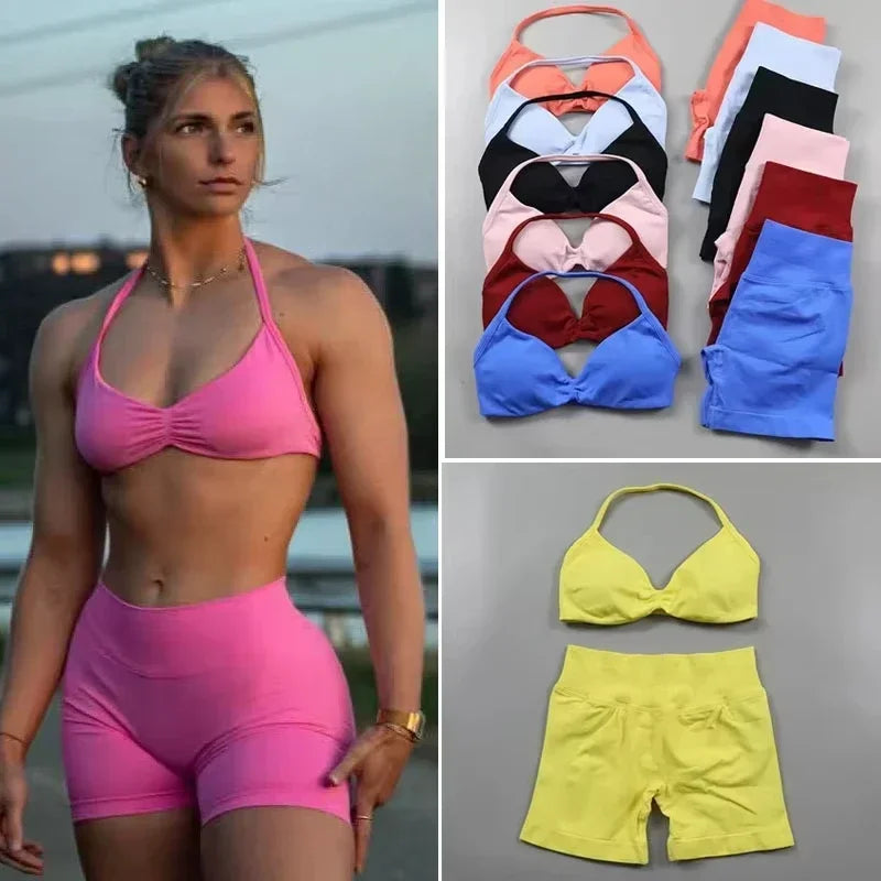 European American Ins 2025 2PCS Yoga Gym Set Women Seamless Yoga Bra High Waist Workout Scrunch Shorts Suit Fitness Sportswear