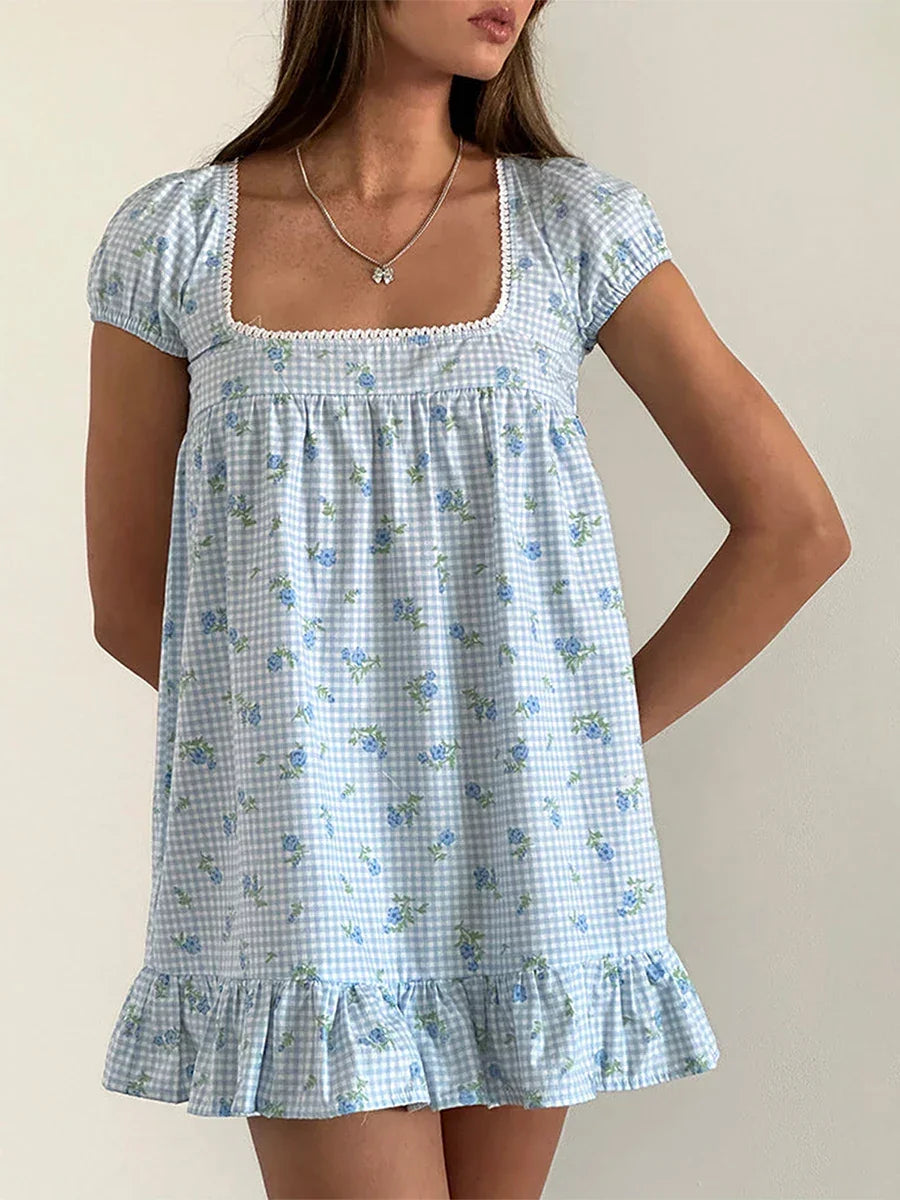 Women's Floral Print Mini Dress Short Sleeve Square Neck Ruffle Hem Babydoll Dress Casual Dress Y2k Gingham Streetwear