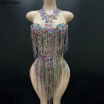 Women Sexy Waist Hollow Bodysuit Colorful Tassel Rhinestone Jumpsuits Holiday Party Dress Ds Dj Nightclub Bar Singer Dance Dress