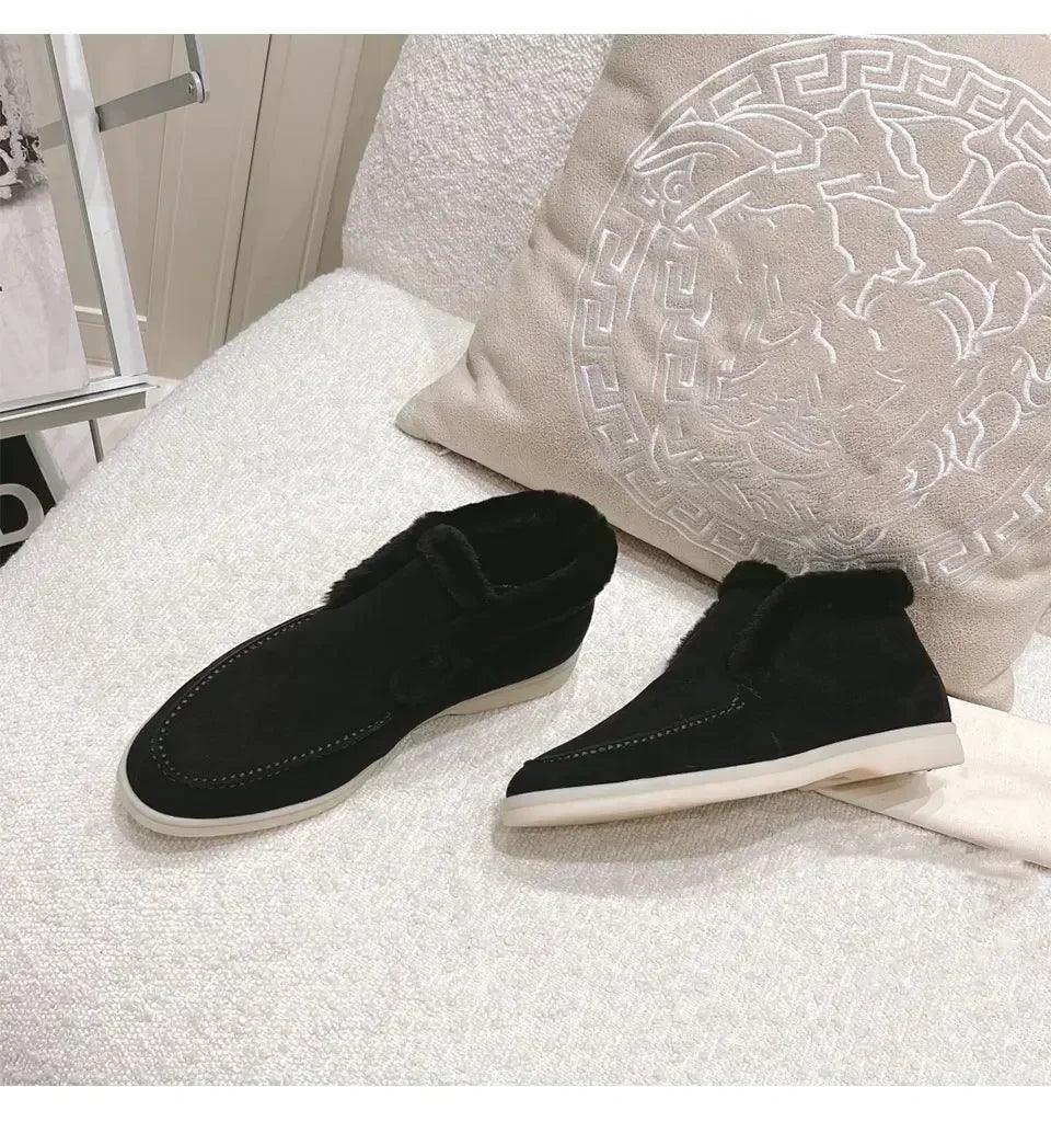 Fur ankle boots women’s cow suede loafers high quality 2025 winter flat shoes integrated warm snow