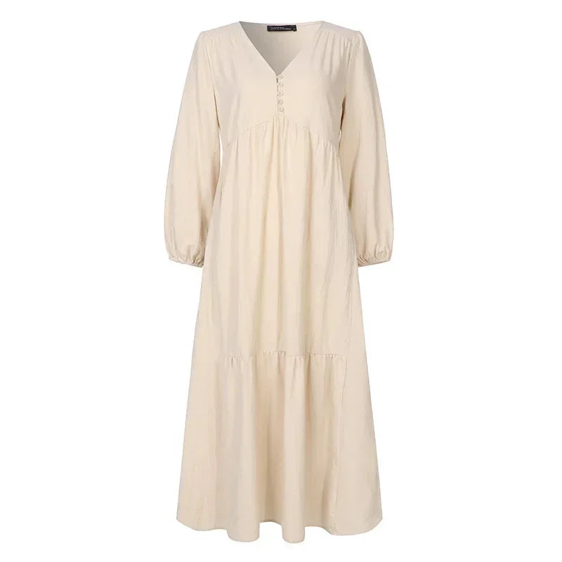 Vintage Cotton Linen Long Sleeve Dress Women Casual Autumn Maxi Robe V Neck Tiered Loose Vestido